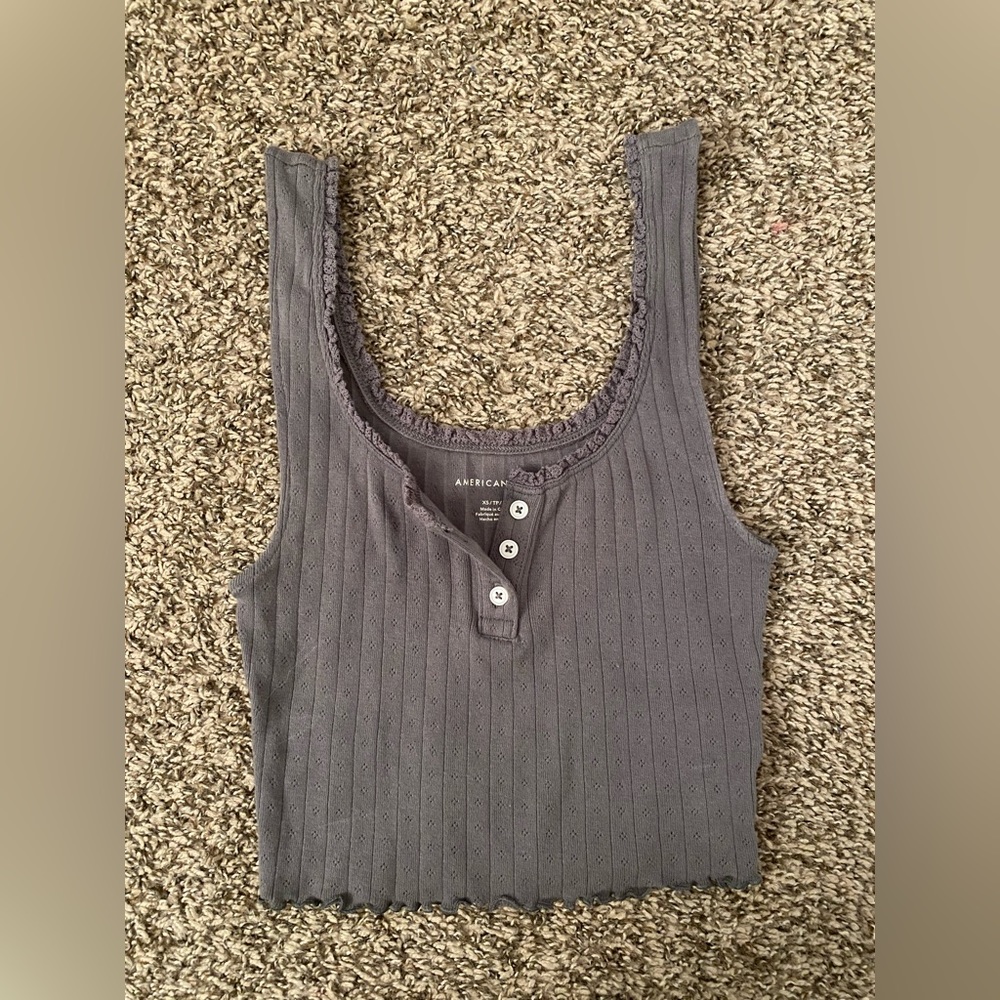 Ribbed Cropped Half Button Down Top - Dark Grey